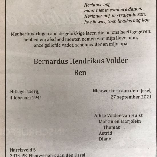 Droevig nieuws, erelid Ben Volder overleden 1